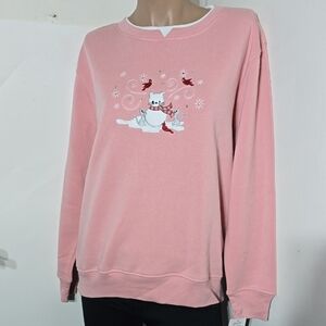 Womens Pink Cat Redbird  Embroidered Sweatshirt Top Size Medium Petite NWT